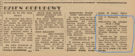 Informacja w: Życie Warszawy - pismo codzienne. R. 3, 1946 nr 77=506 (18 III), s. 1 Zdjęcie strony w gazecie z zaznaczoną notatką.
