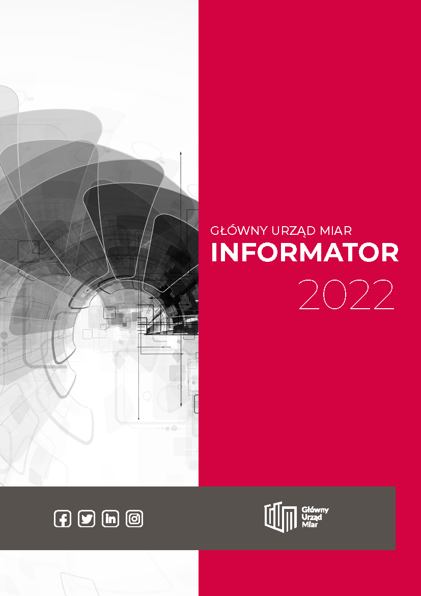 Okładka Informatora GUM 2022. Z prawej strony czerwony pasek z tytułem publikacji, na dole pasek z logotypem GUM oraz ikonami mediów społecznościowych. 