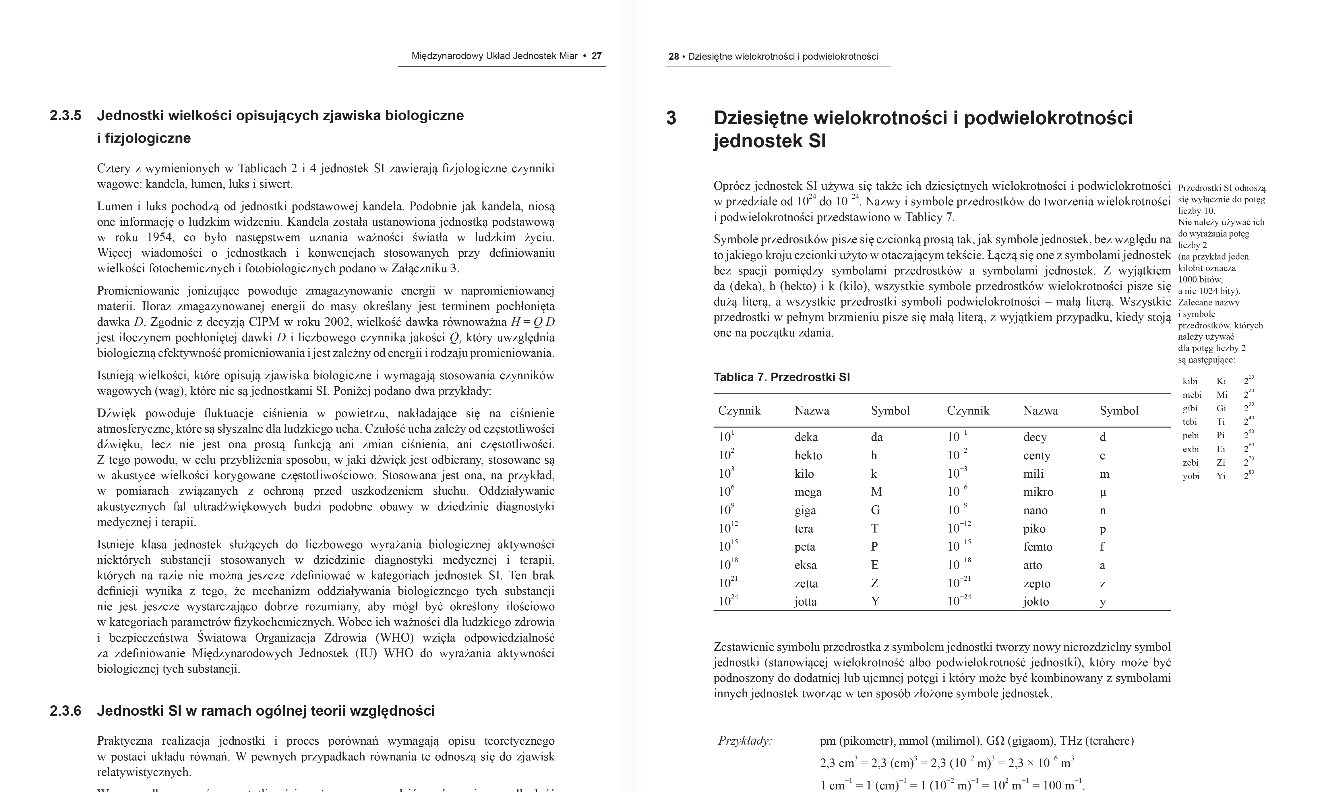Wnętrze polskiego wydania broszury SI: otwarte na stronach dotyczących dziesiętnych wielokrotności i podwielokrotności jednostek SI.