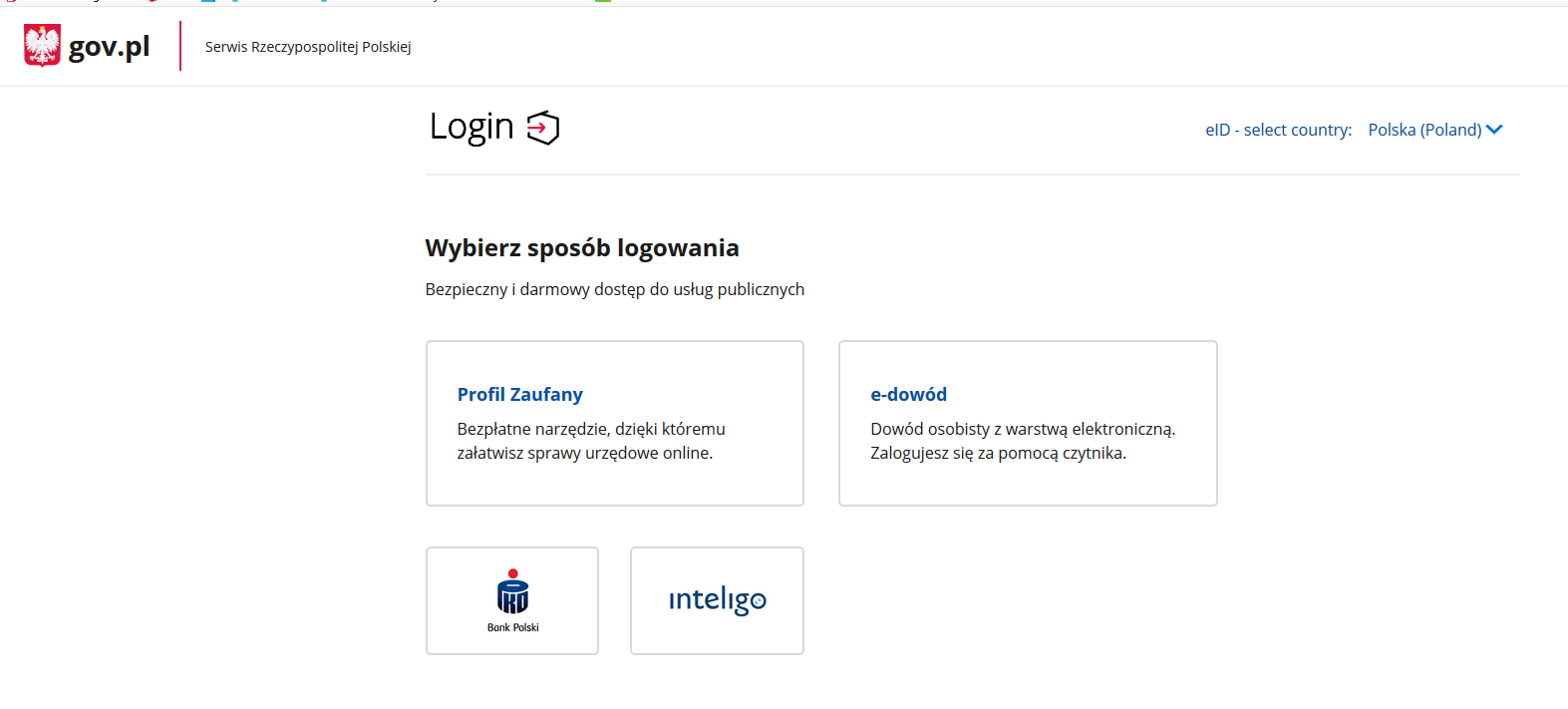 Screen ze strony gov.pl pokazujący wybór sposobu logowania.