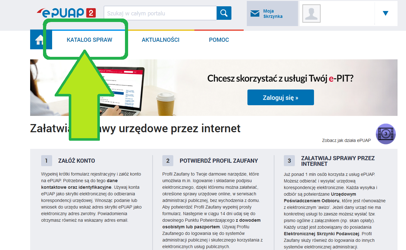 Screen ze strony gov.pl wskazujący wybór z katalogu spraw