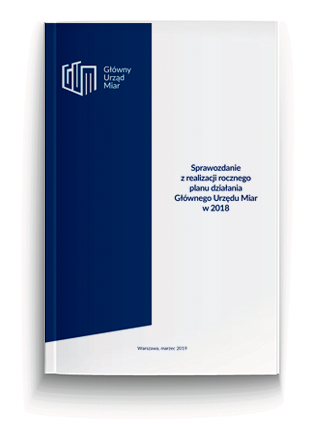 Okładka sprawozdania z rocznego planu działania GUM w 2018 roku: na białym tle tytuł, po lewej stronie na granatowym pasku logo GUM.