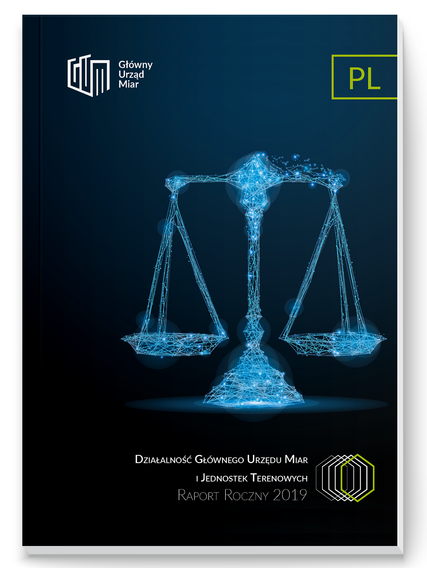 Okładka Raportu rocznego 2019: na ciemnym tle kryształowa waga. W lewym rogu logo GUM, z prawej strony napis PL, na dole okładki tytuł. 